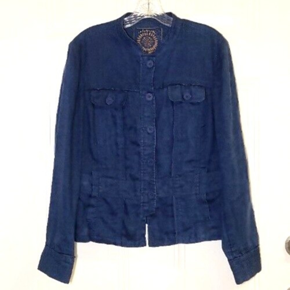 Coldwater Creek Linen Celebrate Your Spirit Size 12 Blue Button Front Jacket